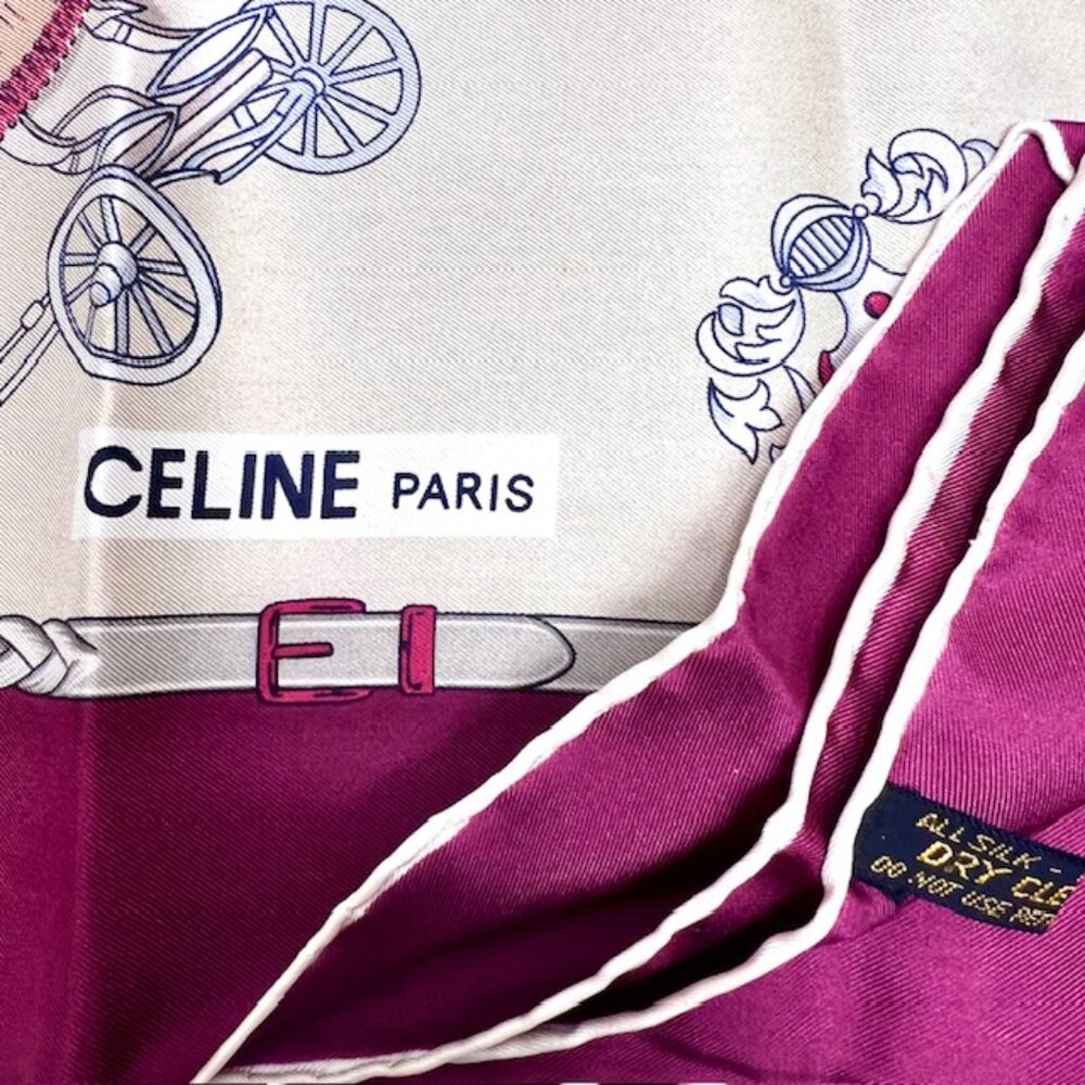 Unused Celine Paris Scarf 100% Silk 34" Gold Tan Brgendy Carriage Horses (39) - Picture 9 of 13